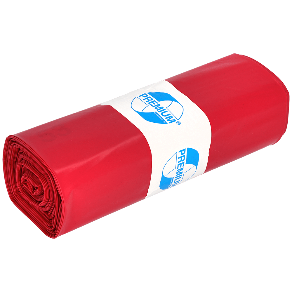 Un rouleau de sacs poubelle rouges EMIL DEISS KG 11702 (Type 100, 575x1000 mm, 25 pièces) avec une étiquette "Premium" blanche en lettres bleues ; idéal pour l'atelier ou le chantier. Le produit est représenté sur un fond uni et clair.