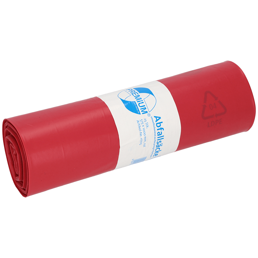 Un rouleau de sacs poubelles en plastique rouge de EMIL DEISS KG (GmbH + Co.), DEISS 11705 - 575x1000 mm Type 60, est muni d'une étiquette blanc-bleu avec texte, informations de recyclage et la désignation du produit ; contient 25 sacs par rouleau.