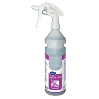 Eine klare Kunststoffflasche mit weißem Auslöser, die blaue Flüssigkeit und ein lila-weißes Etikett enthält, ist das Flaschenkit Suma Bac D10 conc (0,75l) von Diversey Deutschland GmbH & Co. OHG, geeignet für Divermite- und DQFM-Systeme.