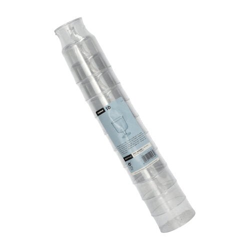 Ein Stapel von zehn Starpak 0,2l Stiel-Gläsern für Rotwein aus glasklarem Polystyrol (einzeln, Ø7,2cm, 10cm hoch) ist in Schrumpffolie mit blau-weißer Produktetikettierung und Weinglas-Abbildung verpackt.