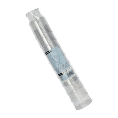 Ein Stapel von zehn Starpak 0,2l Stiel-Gläsern für Rotwein aus glasklarem Polystyrol (einzeln, Ø7,2cm, 10cm hoch) ist in Schrumpffolie mit blau-weißer Produktetikettierung und Weinglas-Abbildung verpackt.