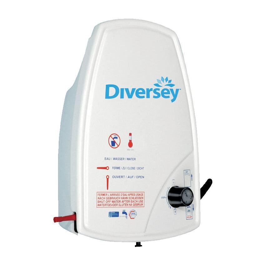 Die J1000 Dosierstation von Diversey Deutschland GmbH & Co. OHG ist ein weißes, wandmontiertes Zumisch-Spritzgerät für ein Produkt mit blauem Logo, Temperaturanzeige, schwarzem Drehregler und mehrsprachigen Hinweisschildern.