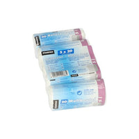 Vier Rollen Starpak 100 Kosmetik-Müllbeutel LDPE 5 l (44x36 cm, weiss), jeweils verpackt in beschrifteten LDPE-Verpackungen mit Barcodes und blau-violetten Akzenten, sind gestapelt. Jede Packung enthält 100 Beutel. Marke: Starpak.