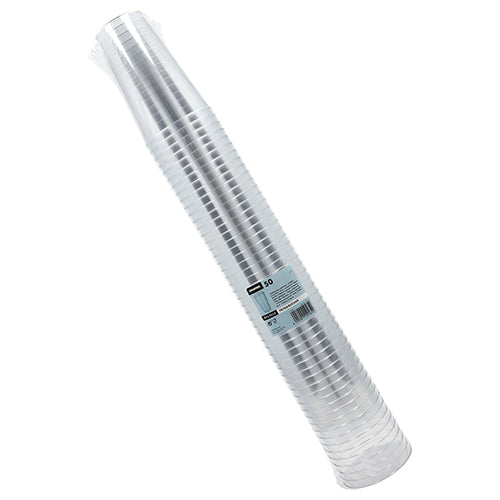 Une pile de gobelets Starpak 50, PS transparent gobelets jetables est enveloppée dans un emballage en plastique avec une étiquette de la marque Starpak et des informations sur le produit.