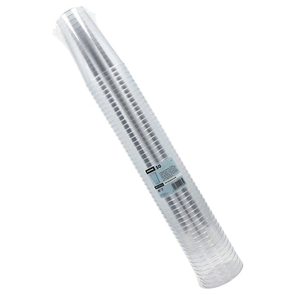 Une pile de gobelets Starpak 50, PS transparent gobelets jetables est enveloppée dans un emballage en plastique avec une étiquette de la marque Starpak et des informations sur le produit.