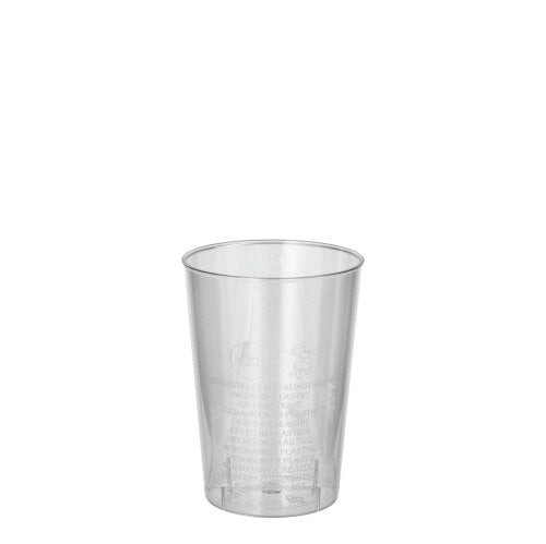 Ein glasklarer Starpak 40 Trinkbecher (PS, 0,1l, Ø 5,5cm · 7,5cm) steht vor weißem Hintergrund. Auf der Schrumpffolie sind leichte Textdetails erkennbar – ideal für Partys und Veranstaltungen (40 Stück).