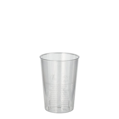 Ein glasklarer Starpak 40 Trinkbecher (PS, 0,1l, Ø 5,5cm · 7,5cm) steht vor weißem Hintergrund. Auf der Schrumpffolie sind leichte Textdetails erkennbar – ideal für Partys und Veranstaltungen (40 Stück).