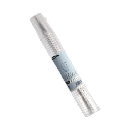 Ein durchsichtiger Stapel mit 40 Starpak Trinkbechern (PS, 0,1 L, Ø5,5 x 7,5 cm), glasklar und in Schrumpffolie mit blauem Etikett verpackt – ideal für Partys und Events.