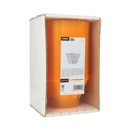 Un paquet de 50 bols à glace et à dessert Starpak PS orange (500 ml, Ø 13 cm, hauteur 7,5 cm) est empilé dans un plateau en carton ouvert, avec une étiquette blanche avec des détails de produit et un code-barres à l'avant.
