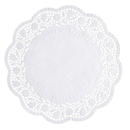 Le PAPSTAR 100 napperons ronds, blancs de PAPSTAR GmbH est un napperon rond blanc avec un noyau solide et un bord ondulé de type dentelle avec des motifs floraux et géométriques en matériau certifié FSC.