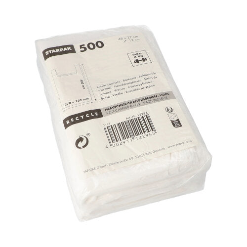 Eine durchsichtige Plastikpackung mit 500 weißen Starpak Hemdchen-Tragetaschen (HDPE, 48 x 27 x 12 cm), beschriftet mit Recycling-Symbolen und einem Barcode. Ideal für leichte Gegenstände; Produktdetails finden Sie auf der Vorderseite.