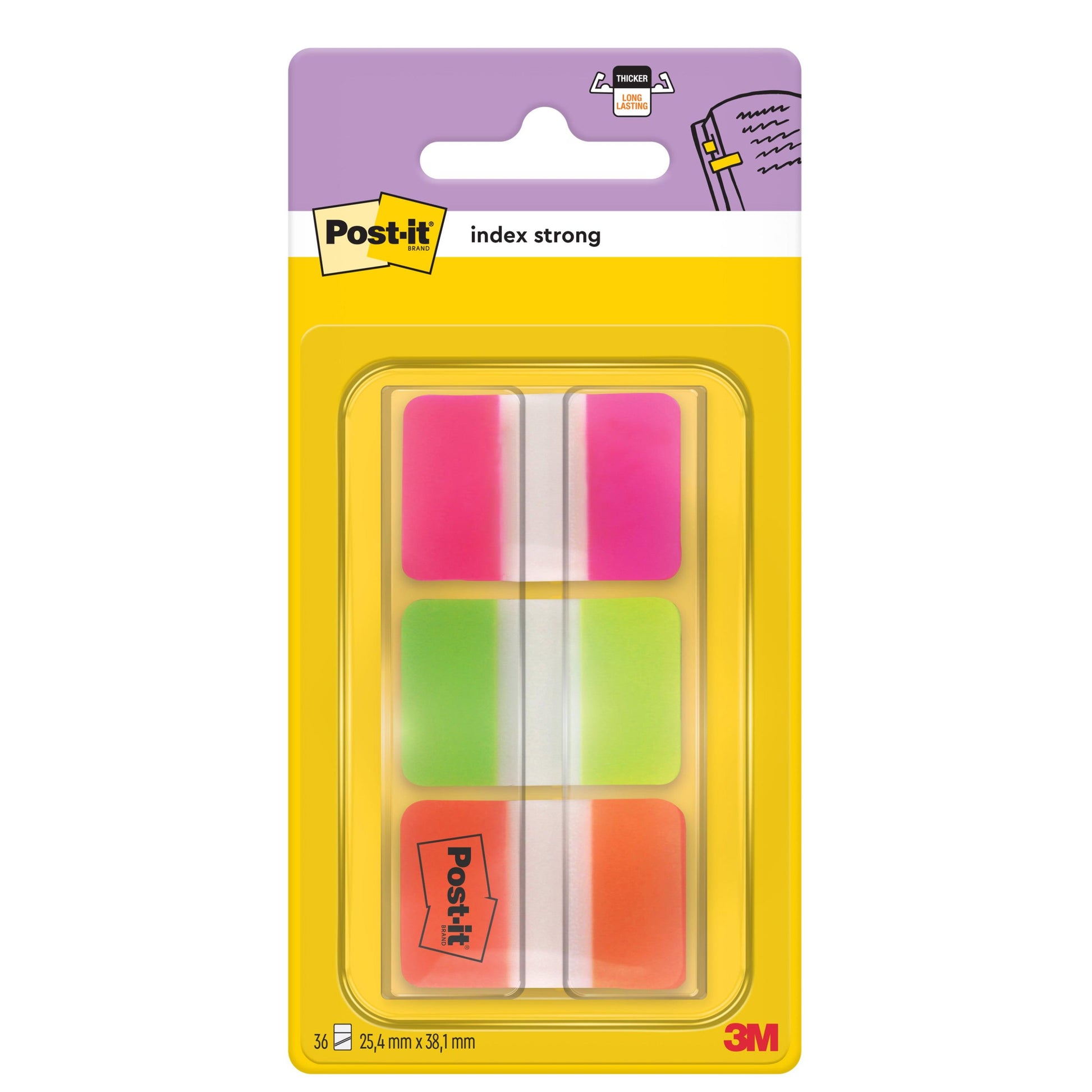 Eine Packung 3M Post-it® Index Strong Ablagetabs von 3M Deutschland GmbH enthält 36 Haftstreifen (25,4 mm x 38,1 mm) in den Farben rosa und grün, die in einem Spender pro Packung geliefert werden.