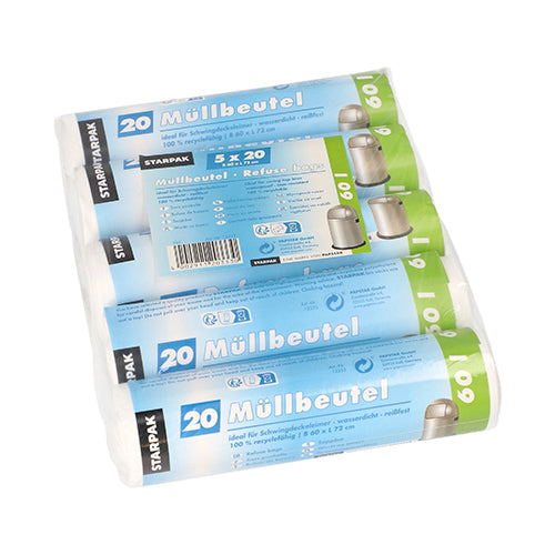 Sacs à ordures Starpak 100, HDPE 60L (72x60 cm) en feuille blanche, avec description du produit en allemand et illustrations d'une poubelle sur l'emballage - parfait pour la maison.