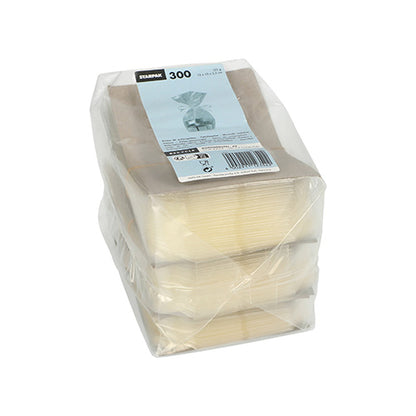 Un emballage en plastique transparent contient 300 sacs Starpak 300 rectangulaires en PP transparent, empilés en trois paquets. L'étiquette supérieure affiche des informations sur le produit et un code-barres. Idéal comme sacs pratiques de la marque Starpak.