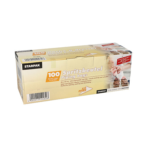 Une boîte rectangulaire contenant 100 poches à douille transparentes de Starpak est visible sur un fond blanc. Sur l'emballage, on voit une main appliquant de la crème sur des pâtisseries.