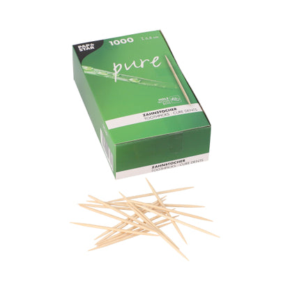 Eine grüne "pure" Schachtel mit der Aufschrift PAPSTAR Zahnstocher rund aus FSC-zertifiziertem Holz, 6,8 cm (1000 Stück) zeigt auf der Vorderseite verstreute Zahnstocher; die Verpackung enthält Produktinformationen in mehreren Sprachen.