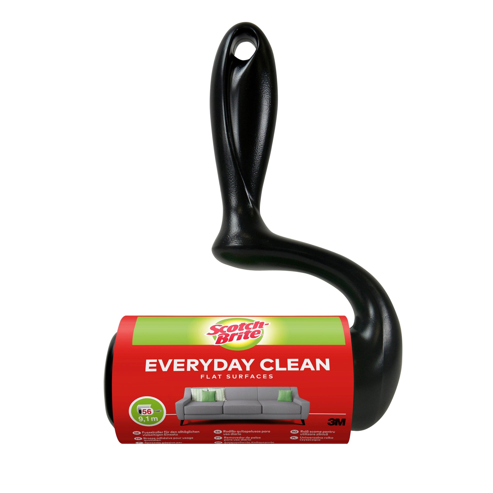 Ein Scotch-Brite™ Everyday Clean Fusselroller mit schwarzem Griff von 3M Deutschland GmbH für flache Oberflächen, mit einem roten Etikett mit "56 Blatt", "1/Packung" und dem 3M-Logo.