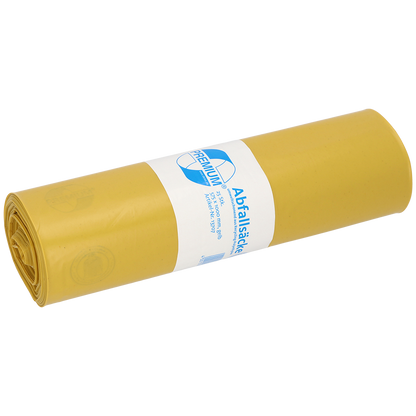 Eine Rolle gelber DEISS Müllsäcke 575x1000x0,06 mm aus Recycling-LDPE 70 l von EMIL DEISS KG (GmbH + Co.) ist mit einem weiß-blauen Etikett mit Produktangaben und Branding fest verpackt.