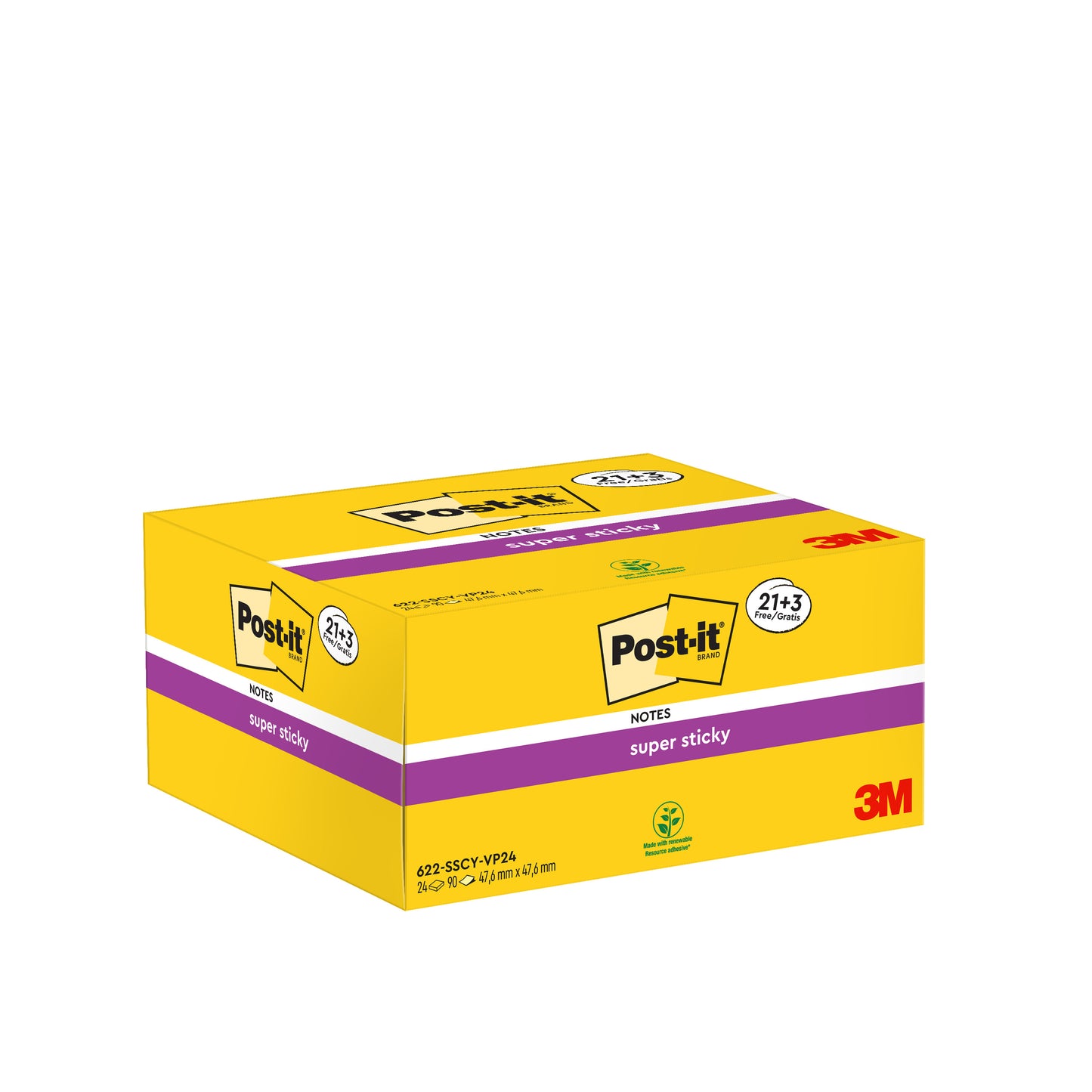 Une boîte jaune de Post-it® Super Sticky Notes (3M Deutschland GmbH), 21 blocs plus 3 blocs gratuits, 90 feuilles chacun, 47,6 mm x 47,6 mm, certifié PEFC (100 %), avec logo et informations produit avec accents violets à l'avant et à l'arrière.