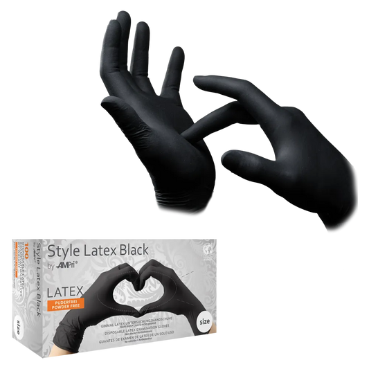 Ein Paar Hände trägt schwarze, puderfreie STYLE LATEX BLACK Latex-Untersuchungshandschuhe von AMPri Handelsgesellschaft mbH; einer zieht am Handgelenk des Handschuhs, während ein Kasten darunter die behandschuhten Hände zeigt, die eine Herzform bilden.
