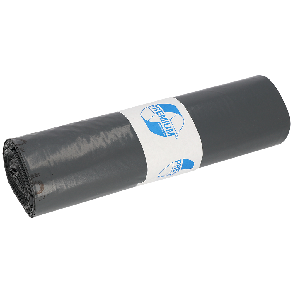 Eine Rolle EMIL DEISS KG (GmbH + Co.) DEISS 14007 - 700x1100x0,07 mm grau Müllsäcke (25 Stück), verpackt in einem weißen Papieretikett mit blauer Schrift und Grafik, wird auf einem einfarbig weißen Hintergrund dargestellt.