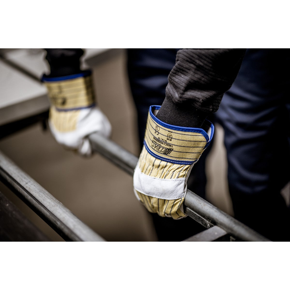 NITRAS POSEIDON, Rindvolllederhandschuhe, gelb / blau gestreift / grau, EN 388 Baumwolle | Packung (12 Paare)