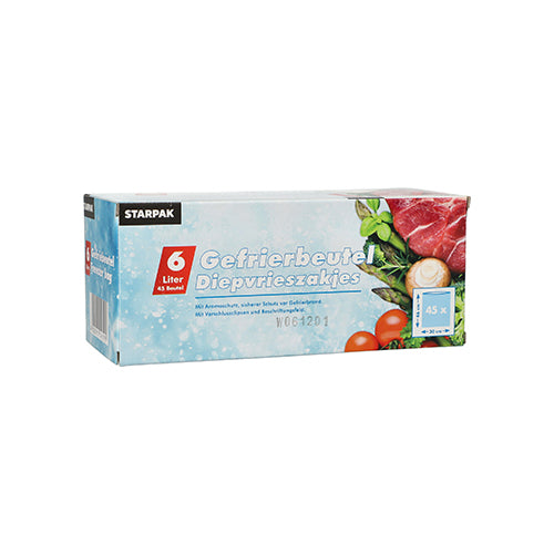 Sachet de congélation Starpak 45, LLDPE, 6l (46cm x 30cm), transparent, dans une boîte pliante. L'emballage montre des légumes et de la viande crue ainsi que du texte en allemand et en néerlandais. Contient 45 sacs pour le stockage au congélateur.
