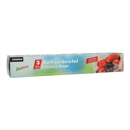 Une boîte rectangulaire avec 15 sacs de congélation Starpak 15 QuickSnap 3L (28 x 27 cm), sacs de congélation transparents dans une boîte pliable, avec une image de divers fruits rouges dans un bol et le film transparent sur le côté droit de l'emballage.