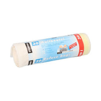 Eine Rolle mit 30 Starpak Müllbeuteln mit Zugband (62 x 53 cm, LDPE, weiß) mit einer blau-weißen Banderole mit den Angaben in Deutsch/Englisch: „Müllbeutel“, „Refuse bags“, „30“ und praktischem Kordelzugverschluss.