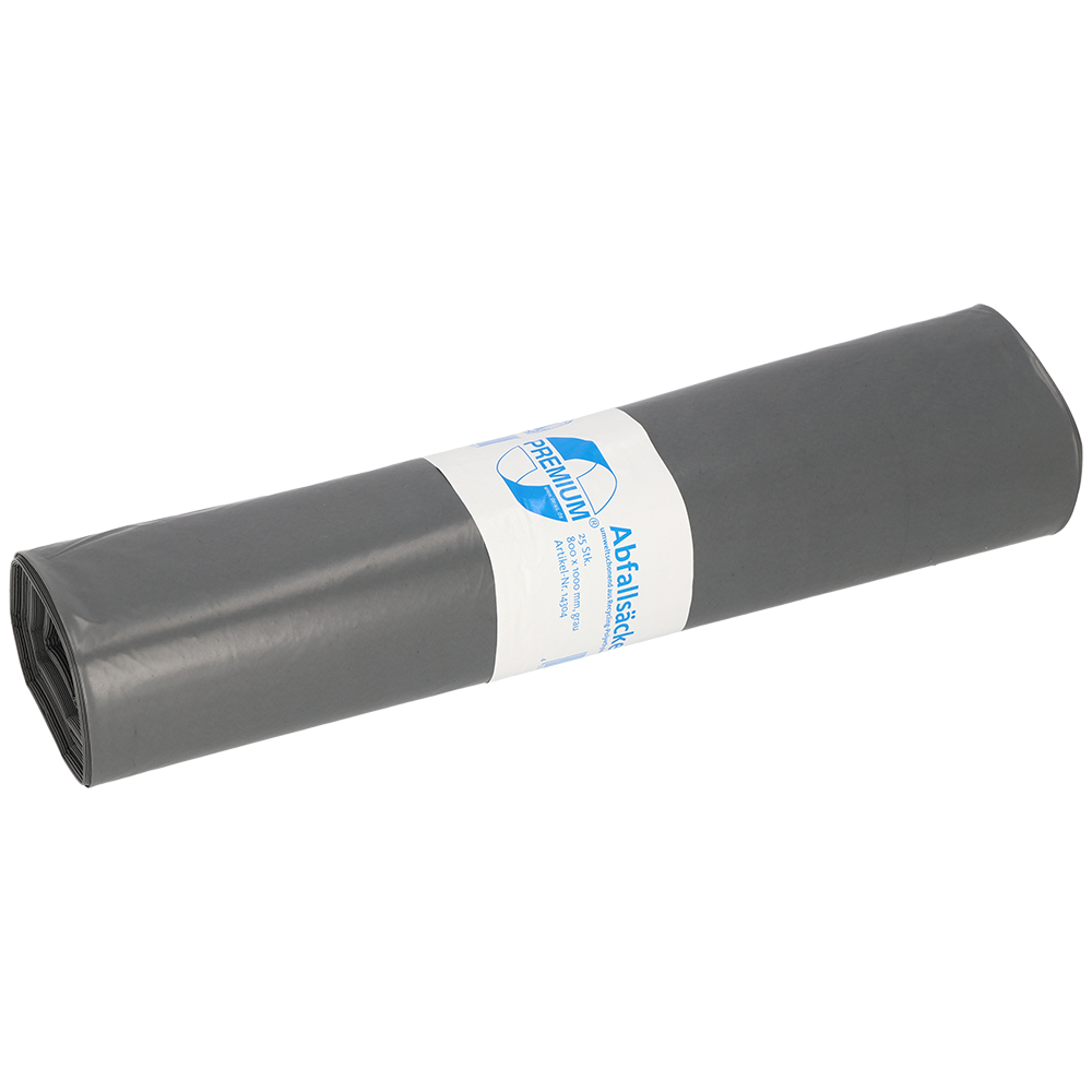 L'image montre un rouleau EMIL DEISS KG (GmbH + Co.) DEISS 14304 - 800x1000 mm Type 70 gris | Rouleau (25 pièces) sacs poubelle sur fond blanc, enveloppé d'une étiquette blanche avec texte bleu et graphique.