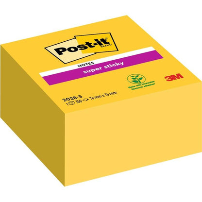 Die Post-it® Super Sticky Notes Würfel in Gelb von 3M Deutschland GmbH haben 350 Blatt (76 mm x 76 mm) und eine umweltfreundliche Verpackung.