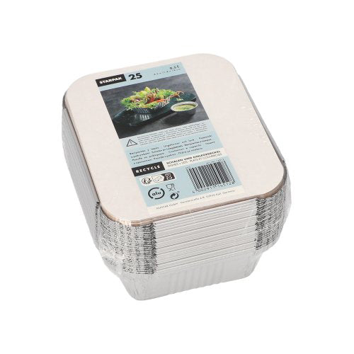 Un paquet de 25 plateaux Starpak Alu+couvercle intérieur (revêtu de PP) est livré avec une étiquette en papier contenant des informations sur le produit, des symboles de recyclage et des images d'aliments - parfait pour le catering ou à emporter. Marque : Starpak.