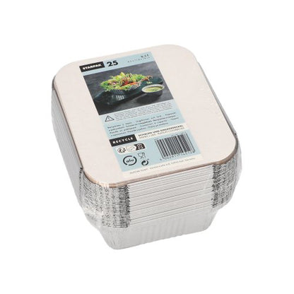 Un paquet de 25 plateaux Starpak Alu+couvercle intérieur (revêtu de PP) est livré avec une étiquette en papier contenant des informations sur le produit, des symboles de recyclage et des images d'aliments - parfait pour le catering ou à emporter. Marque : Starpak.