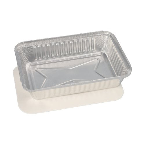 Le set Starpak 25 est composé de plateaux rectangulaires en aluminium avec un motif de fond surélevé et des couvercles plats revêtus de PP blanc, idéal pour le catering et les plats à emporter.
