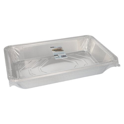 Der Starpak 3 Gastronorm-Behälter ist ein rechteckiger Einwegbehälter aus Aluminiumfolie (8,5 l, 8 cm x 32,6 cm x 52,7 cm) mit erhöhtem Rand und einem Produktetikett auf der Innenseite, der leer auf einem einfachen weißen Hintergrund angezeigt wird (3 Stück, eingeschweißt).