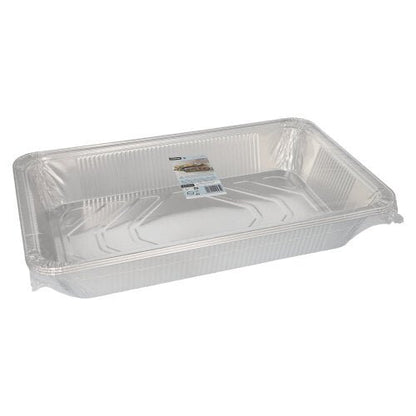 Der Starpak 3 Gastronorm-Behälter ist ein rechteckiger Einwegbehälter aus Aluminiumfolie (8,5 l, 8 cm x 32,6 cm x 52,7 cm) mit erhöhtem Rand und einem Produktetikett auf der Innenseite, der leer auf einem einfachen weißen Hintergrund angezeigt wird (3 Stück, eingeschweißt).