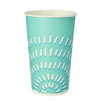Der Starpak 50 Trinkbecher für Kaltgetränke aus Pappe (0,4 l, Ø 8,97 cm · 13,5 cm) in türkis mit weißem Innenraum und Muster aus weißen und blauen Halbkreisen eignet sich ideal für kalte Getränke.