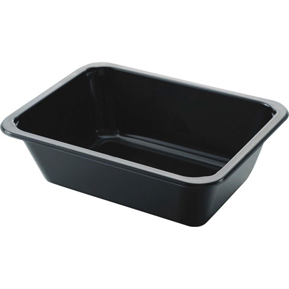 Le plateau CPET Take-Away petit Noir de Duni GmbH est un récipient rectangulaire, noir brillant avec des côtés légèrement inclinés, illustré vide sur fond blanc - parfait pour une utilisation à emporter.