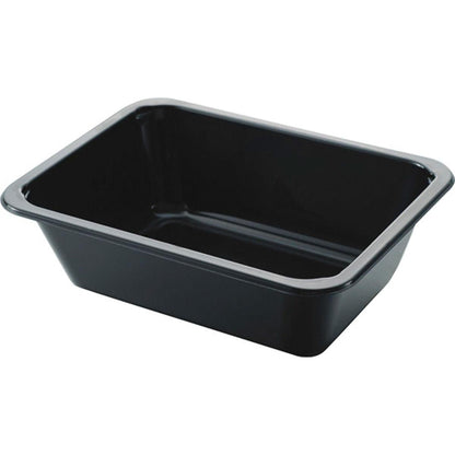 Le plateau CPET Take-Away petit Noir de Duni GmbH est un récipient rectangulaire, noir brillant avec des côtés légèrement inclinés, illustré vide sur fond blanc - parfait pour une utilisation à emporter.
