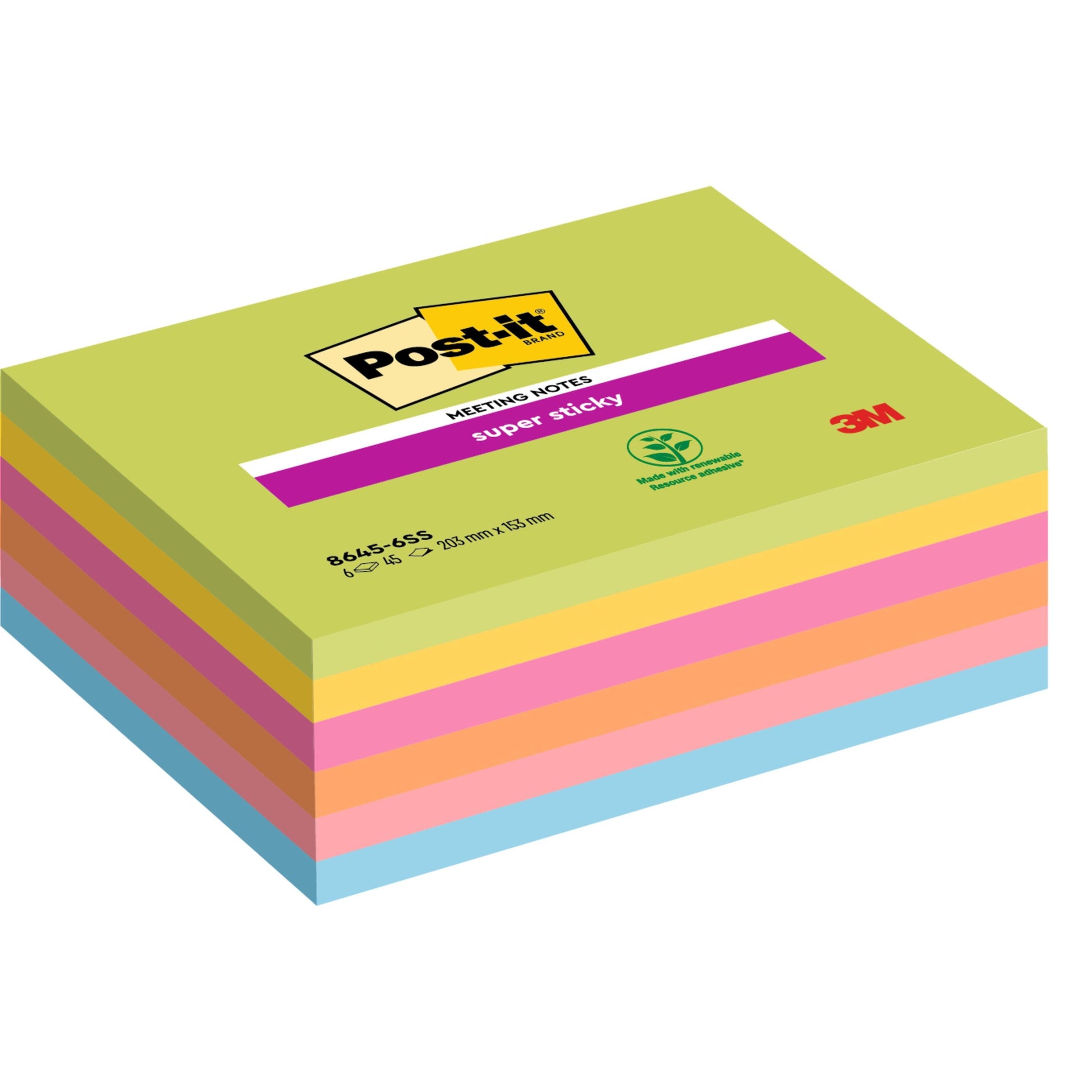 Eine Packung 3M Post-it® Super Sticky Meeting Notes, 6 Blöcke in verschiedenen Farben (203 x 153 mm, 45 Blatt/Block), PEFC zertifiziert, von 3M Deutschland GmbH. Die Produktangaben sind auf dem oberen Block aufgedruckt.