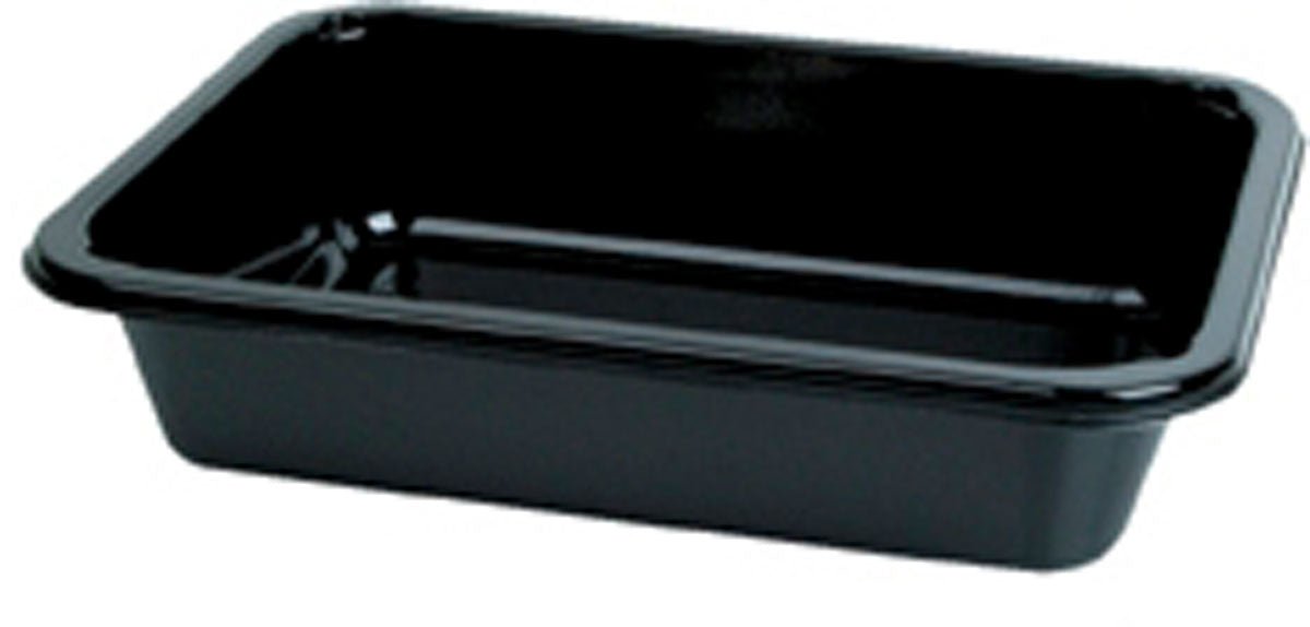 Un plateau rectangulaire CPET Take-Away petit Noir de Duni GmbH, noir avec des coins arrondis et des côtés légèrement surélevés, vu en biais sur fond blanc.