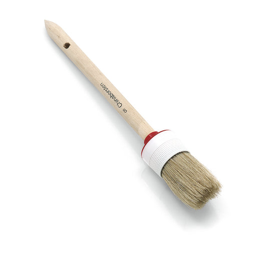 Der Nölle Profi Brush Industrie-Ringpinsel mit heller Borstenmischung, Kunststofffassung, hellem Holzgriff, rotem Ring und Aufhängeloch ist auf weißem Hintergrund abgebildet. Marke: Nölle Profi Brush Bürsten- & Pinseltechnik e.K.