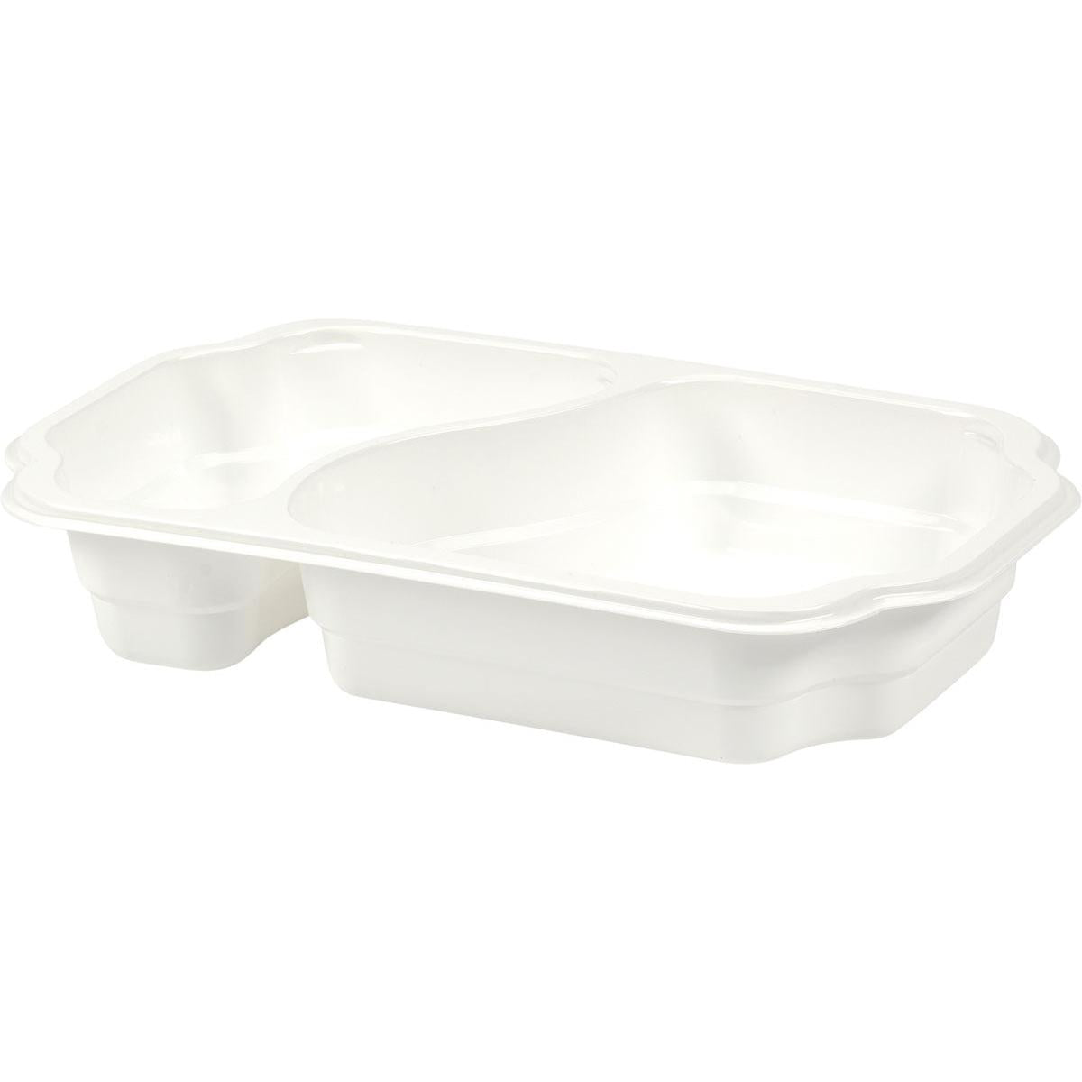 Un plateau PP blanc rectangulaire à emporter 250x159x45 mm de Duni GmbH avec deux compartiments, apte au contact alimentaire, emballage de 246 pièces - idéal pour les collations, vu d'une perspective légèrement surélevée devant un fond neutre.