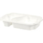 Un plateau PP blanc rectangulaire à emporter 250x159x45 mm de Duni GmbH avec deux compartiments, apte au contact alimentaire, emballage de 246 pièces - idéal pour les collations, vu d'une perspective légèrement surélevée devant un fond neutre.