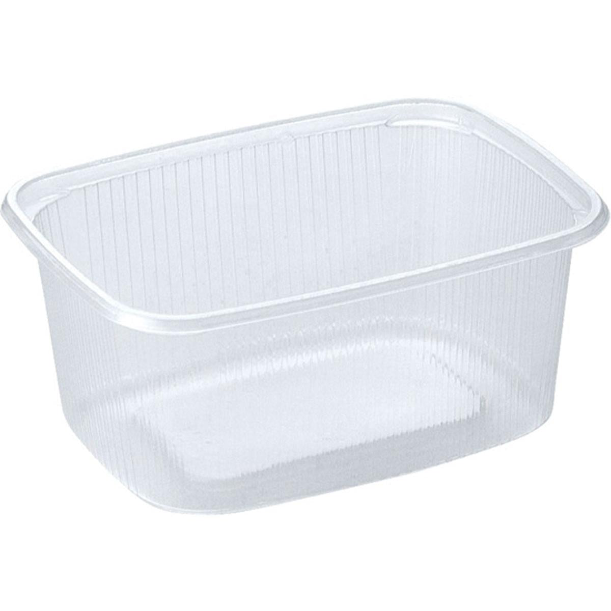 Un récipient alimentaire transparent rectangulaire Delipack en PP de Duni GmbH avec des coins arrondis et des côtés nervurés, illustré sans couvercle sur un fond blanc simple. Idéal comme solution d'emballage pratique pour les aliments en polypropylène.