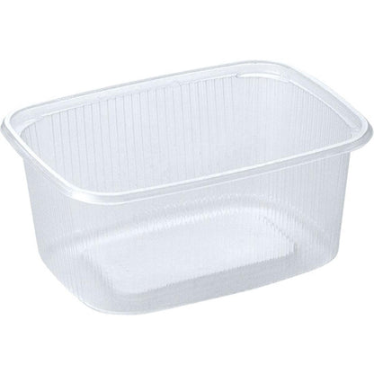 Un récipient alimentaire transparent rectangulaire Delipack en PP de Duni GmbH avec des coins arrondis et des côtés nervurés, illustré sans couvercle sur un fond blanc simple. Idéal comme solution d'emballage pratique pour les aliments en polypropylène.