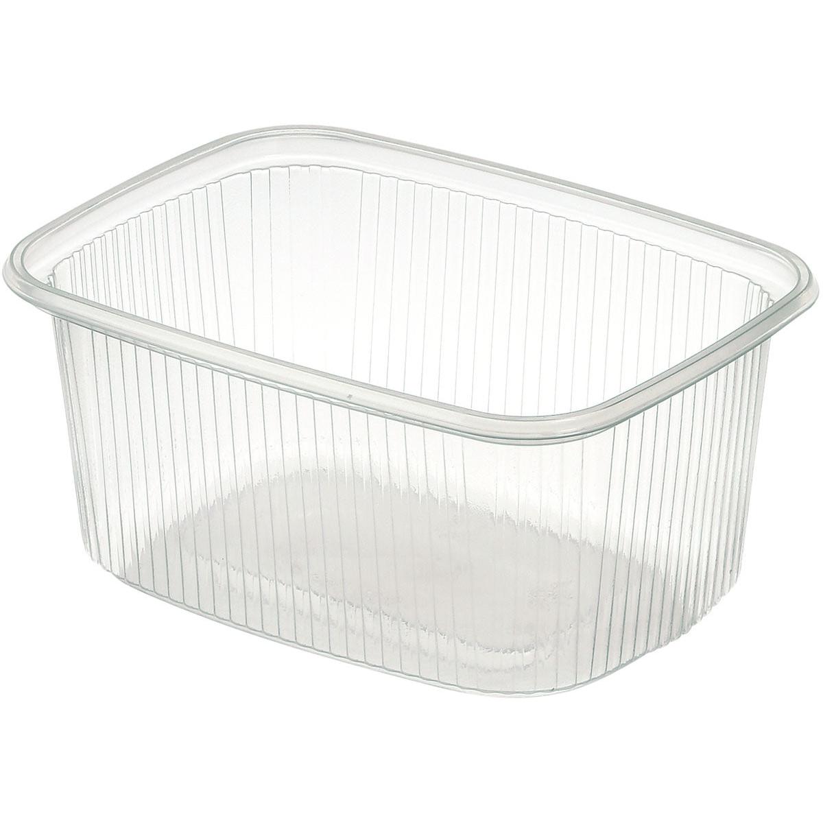 Un récipient alimentaire transparent rectangulaire Delipack en PP de Duni GmbH avec des rainures latérales verticales et sans couvercle est illustré sur un fond blanc.