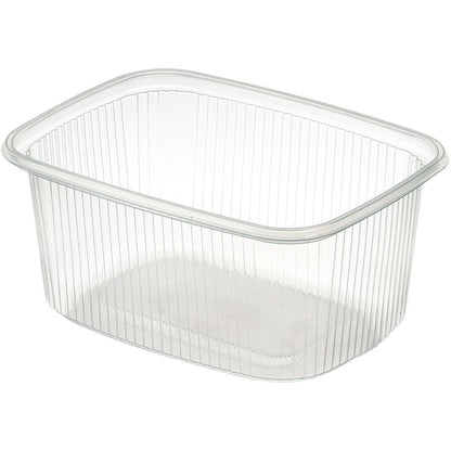 Un récipient alimentaire transparent rectangulaire Delipack en PP de Duni GmbH avec des rainures latérales verticales et sans couvercle est illustré sur un fond blanc.
