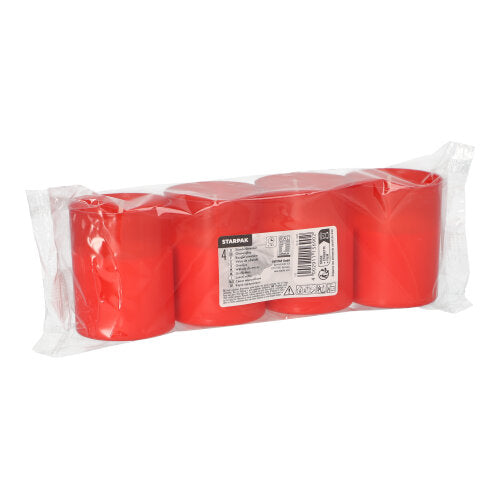 Un emballage en plastique transparent contient quatre bougies funéraires rouges PAPSTAR "Stundenbrenner" (Ø 5 cm, 6,5 cm de haut) de la société PAPSTAR GmbH, portant une étiquette blanche avec des informations sur le produit et un code-barres à l'avant.