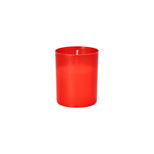 Une bougie funéraire rouge PAPSTAR "Stundenbrenner" (Ø 5 cm, 6,5 cm de haut, paquet de 4), non allumée dans un support cylindrique, se tient au milieu d'un fond blanc simple - un classique de la société PAPSTAR GmbH.